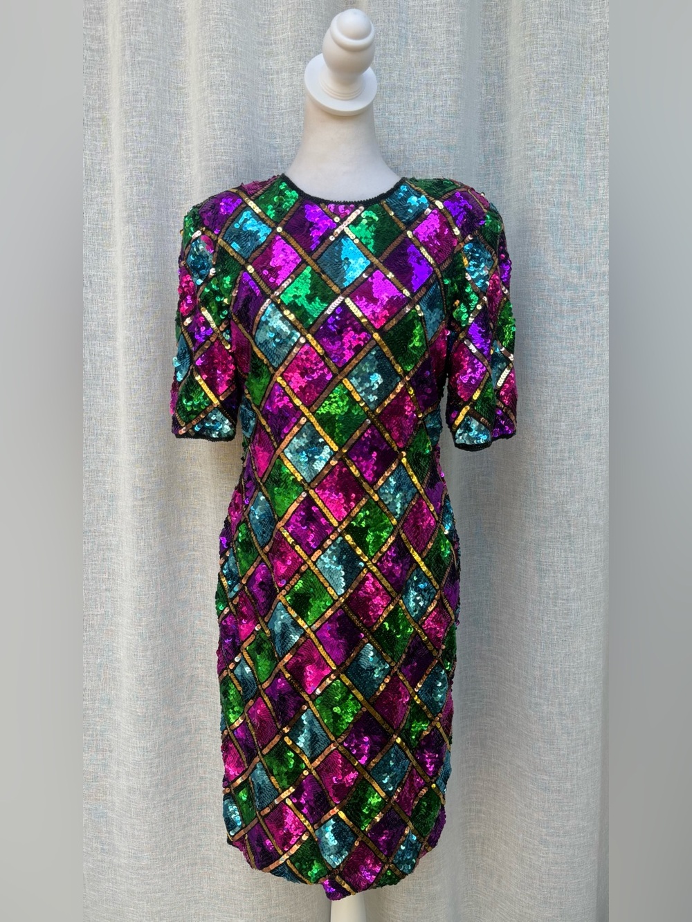 La Divina New York colorful sequins diamond mini dress purple green gold